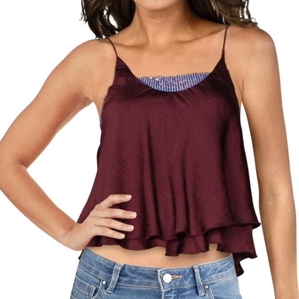 Free People Turn It On Cami Maroon Satin Ruffle Hem Crop Top NWT